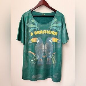 Farm Rio 'A Brasileira' Oversized Green Graphic T-Shirt Tunic Brazil Size P/S
